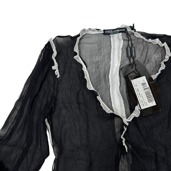 Dolce & Gabbana 100% Silk Sheer Ruffle Trim Top Black Size 42 Small New - Picture 7 of 12